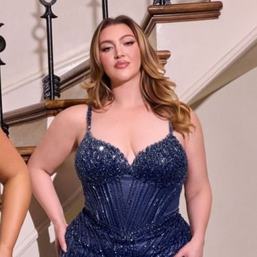 New Navy Crystals Embellished Long Plus Size Evening Gown w/ V-Neck CD CC398C